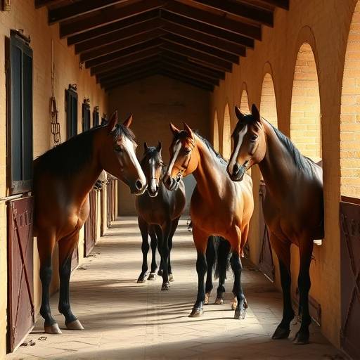 Caballerizas de la Hacienda Andaluza con caballos de pura raza espa&radic;&plusmn;ola
