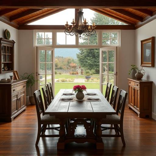 Comedor de la Casa Rural Asturiana con mesa de madera y vistas al jard&radic;&ne;n