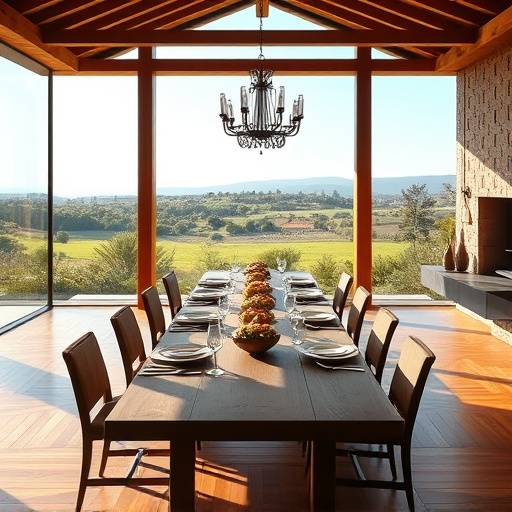 Comedor de la Mas&radic;&ne;a Catalana con mesa larga y vistas al campo