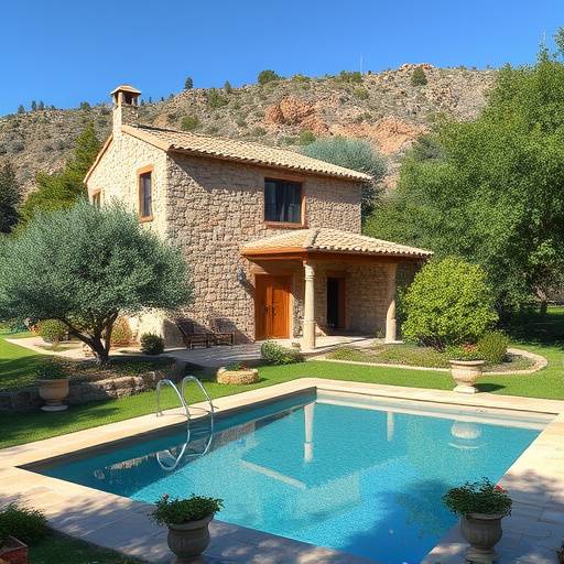Fachada de una villa rural de piedra en la Sierra de Gredos, con un jard&radic;&ne;n exuberante y piscina privada.