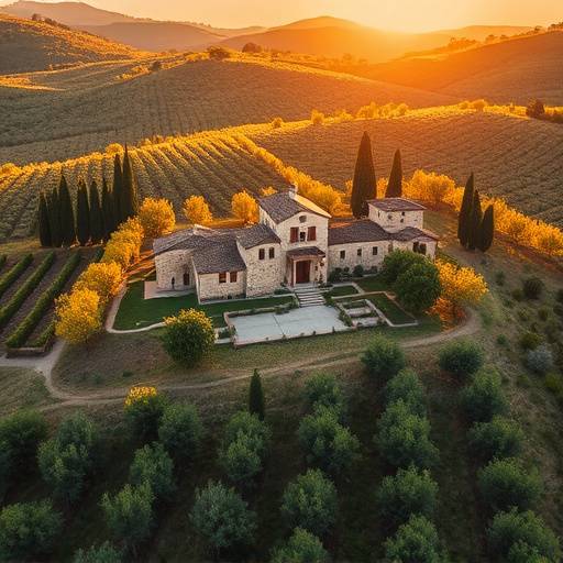 Imagen a&radic;&copy;rea de la Mas&radic;&ne;a Catalana con campos de olivos y cipreses