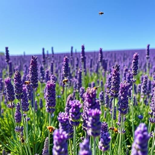 Imagen de un campo de lavanda en flor en la Provenza espa&radic;&plusmn;ola (Brihuega, Guadalajara), con abejas recolectando n&radic;&copy;ctar y un cielo azul brillante.