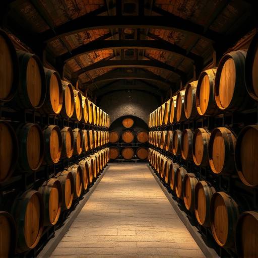 Interior de la bodega de la Finca La Rioja con barricas de roble