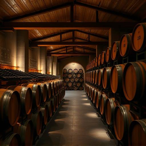 Interior de una bodega moderna en el Pened&radic;&reg;s, con barricas de roble y luces tenues creando un ambiente acogedor.