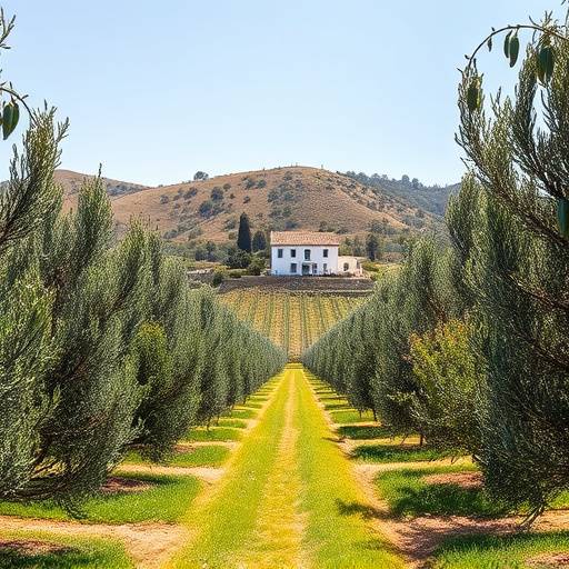 Paisaje de olivares en Ja&radic;&copy;n, con colinas onduladas cubiertas de olivos y una casa rural blanca en la distancia.