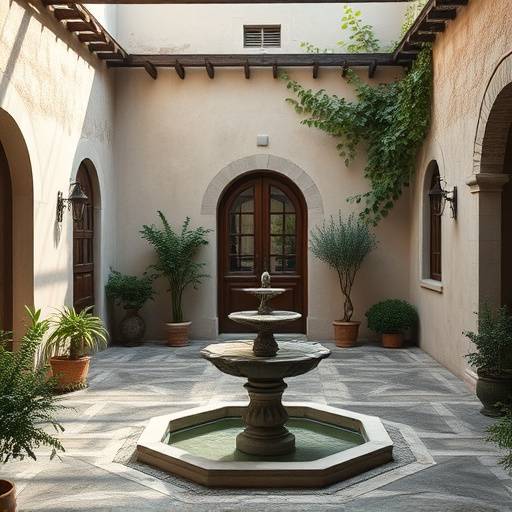 Patio interior de la Mas&radic;&ne;a Catalana con fuente de piedra