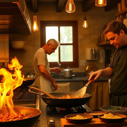 Un grupo de personas cocinando paella en una cocina r&radic;&ordm;stica