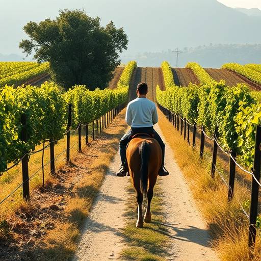Un jinete cabalgando a caballo por un sendero rural con vi&radic;&plusmn;edos a ambos lados