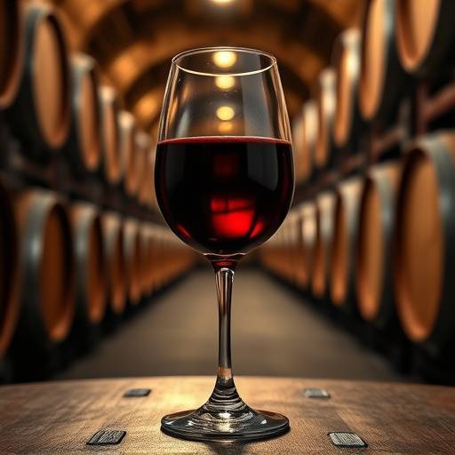 Una copa de vino tinto en una bodega iluminada con barricas en el fondo