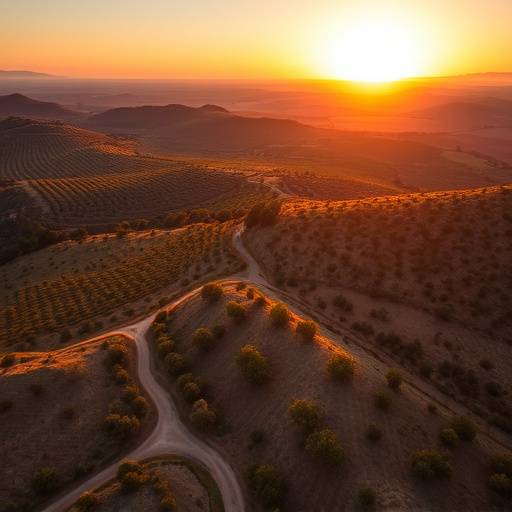 Vista a&radic;&copy;rea de un campo de olivos al atardecer en la campi&radic;&plusmn;a andaluza