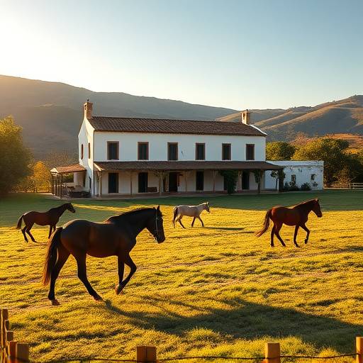 Vista de la Hacienda Andaluza con caballos pastando en los campos