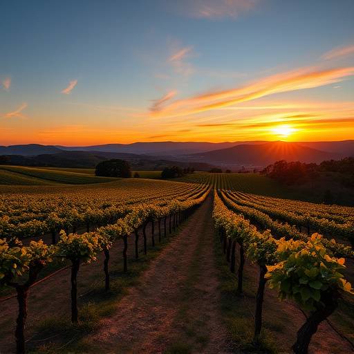 Vista panor&radic;&deg;mica de la Finca La Rioja con vi&radic;&plusmn;edos en primer plano y las monta&radic;&plusmn;as al fondo, al atardecer