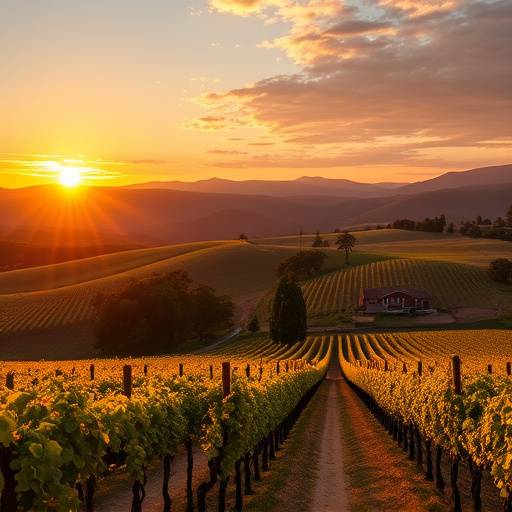Vista panor&radic;&deg;mica de una finca vin&radic;&ne;cola al atardecer en la Rioja Alavesa, con vi&radic;&plusmn;edos dorados y monta&radic;&plusmn;as al fondo.